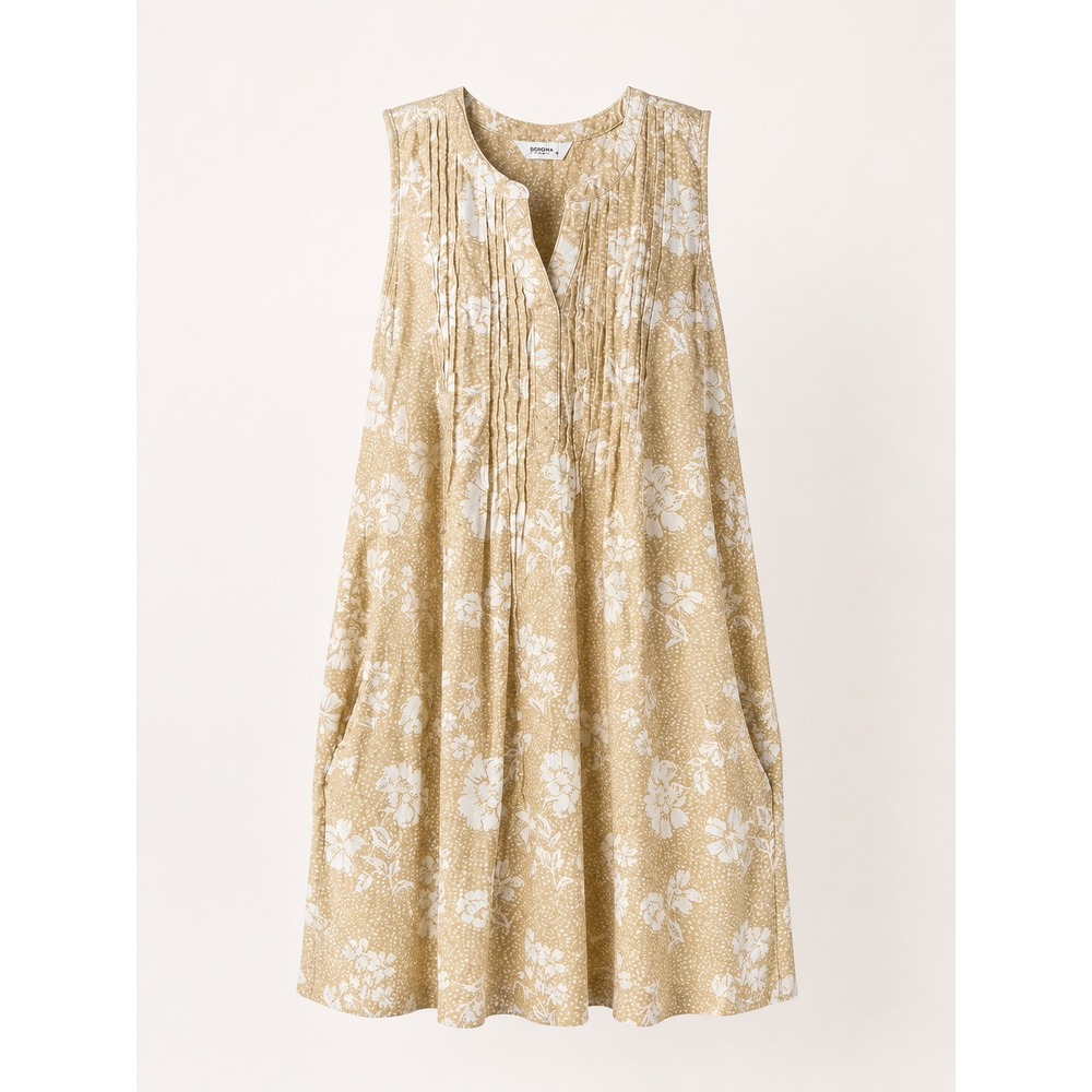 Sonoma Womens XL Tan Floral Sleeveless Shift Dress Linen Blend Boho WithPockets